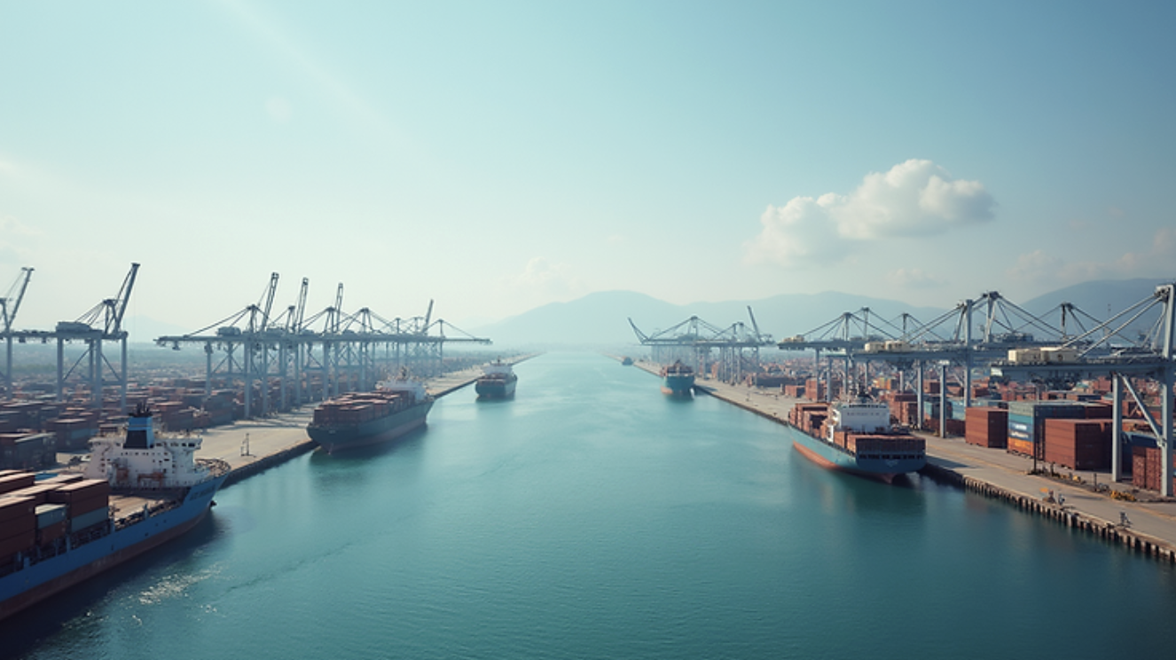 Vista aerea di un porto con container e navi attraccate